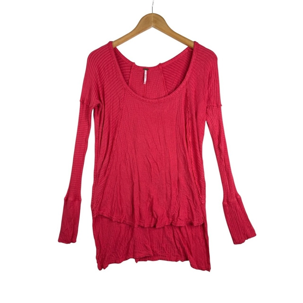 Free People Womens Waffle Knit Thermal Tunic Top Size Medium Coral Pink LS